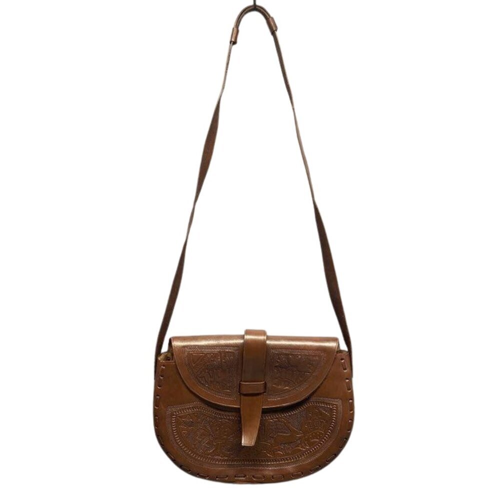 Handmade Peruvian Tooled Leather Shoulder Bag Mayan Design, Large Brown Unlined - Picture 2 of 7